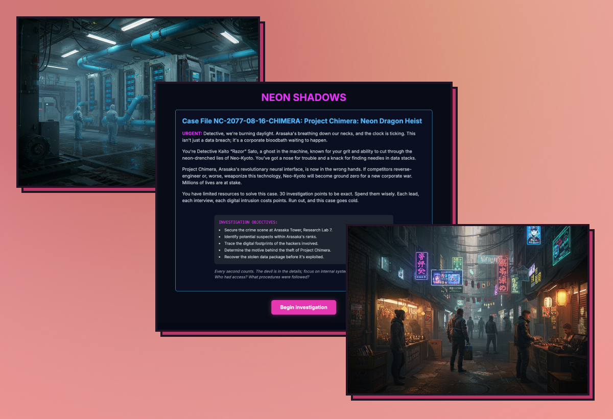 A screenshot of the first pass at Neon Shadows with some accompanying image generations