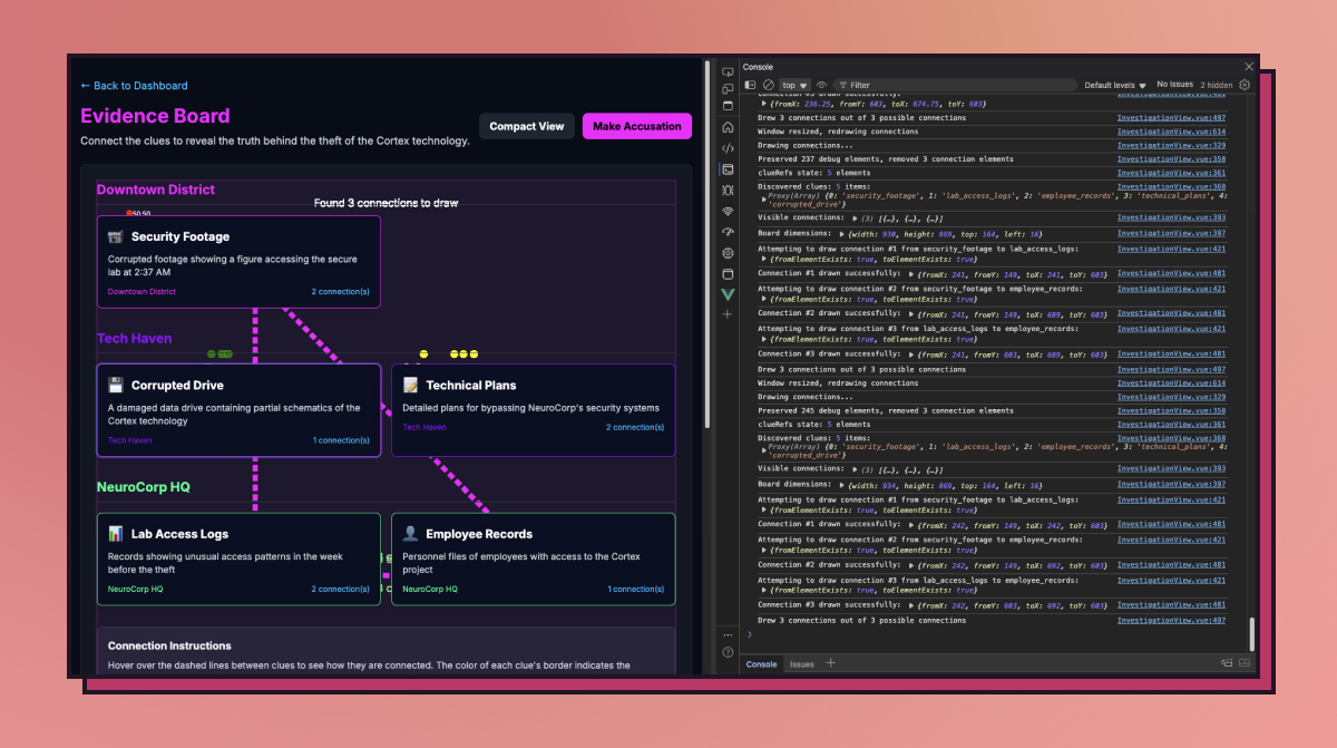 A screenshot of Neon Shadows with the browser console exposed