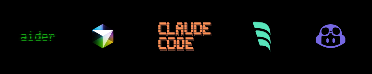 An array of icons from tools like Aider, Cursor, Claude Code, Windsurf, and GitHub Copilot